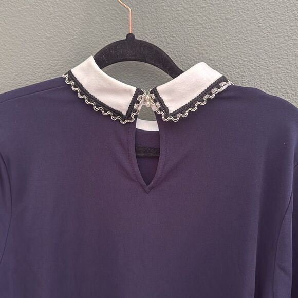 KARL LAGERFELD Blue White Jeweled Long Sleeve Back Button-Up Women Shirt Sz M - Picture 4 of 11